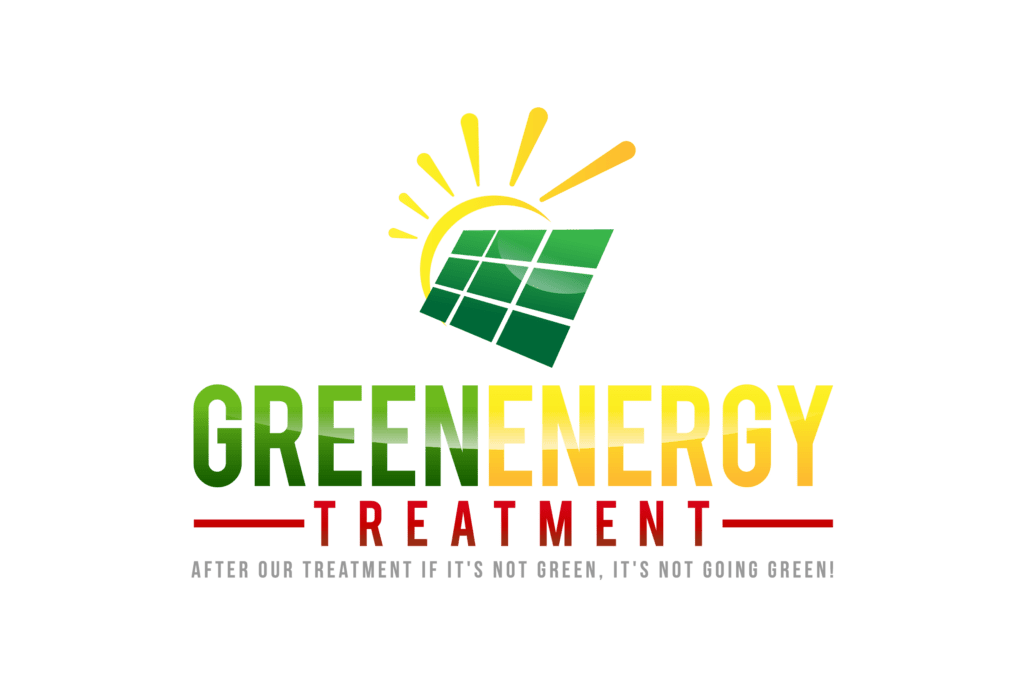 A logo for "green energy treatment" featuring a stylized green cube and sun motif, with the slogan "after our treatment if it's not green, it's not going green!" against a solid green background.
