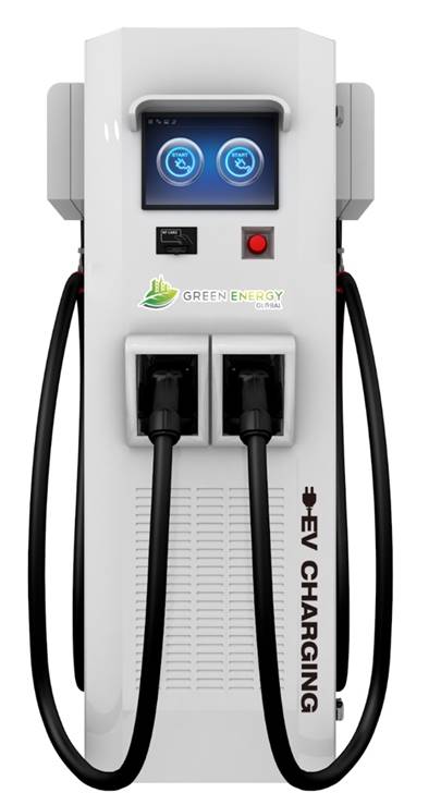 Electric vehicle charging station with dual connectors.