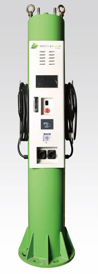 Green electric vehicle charging station with cables and user interface.