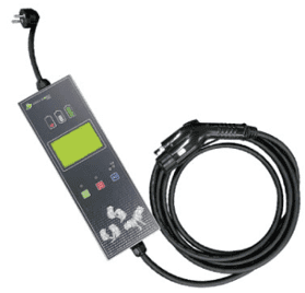 Portable electrical power meter with display and connector cable.