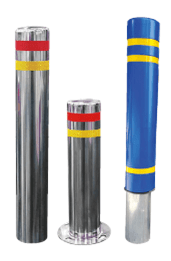 Three retractable traffic bollards of different heights, with reflective stripes for visibility.