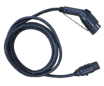 Coiled black power cable with a male and female connector.
