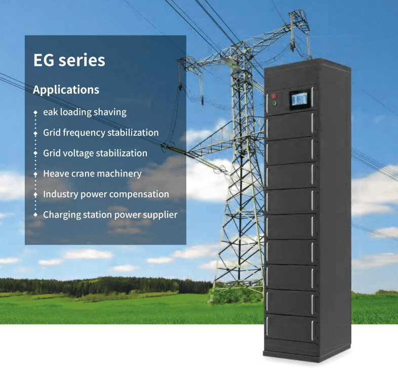 Industrial power storage unit with applications listed, against a background of electricity pylons and a clear sky.