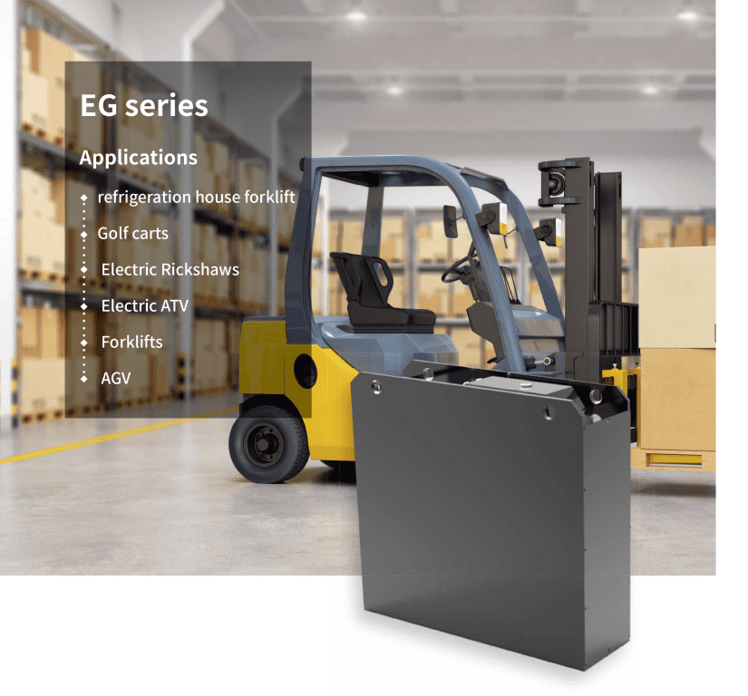 Electric forklift in a warehouse with a list of eg series battery applications.