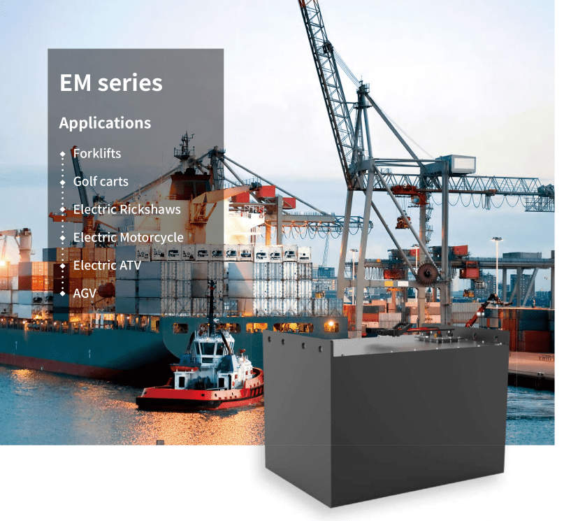 A promotional graphic showcasing the "em series" battery product with its applications listed, superimposed over an image of a busy port with cargo ships and a crane.