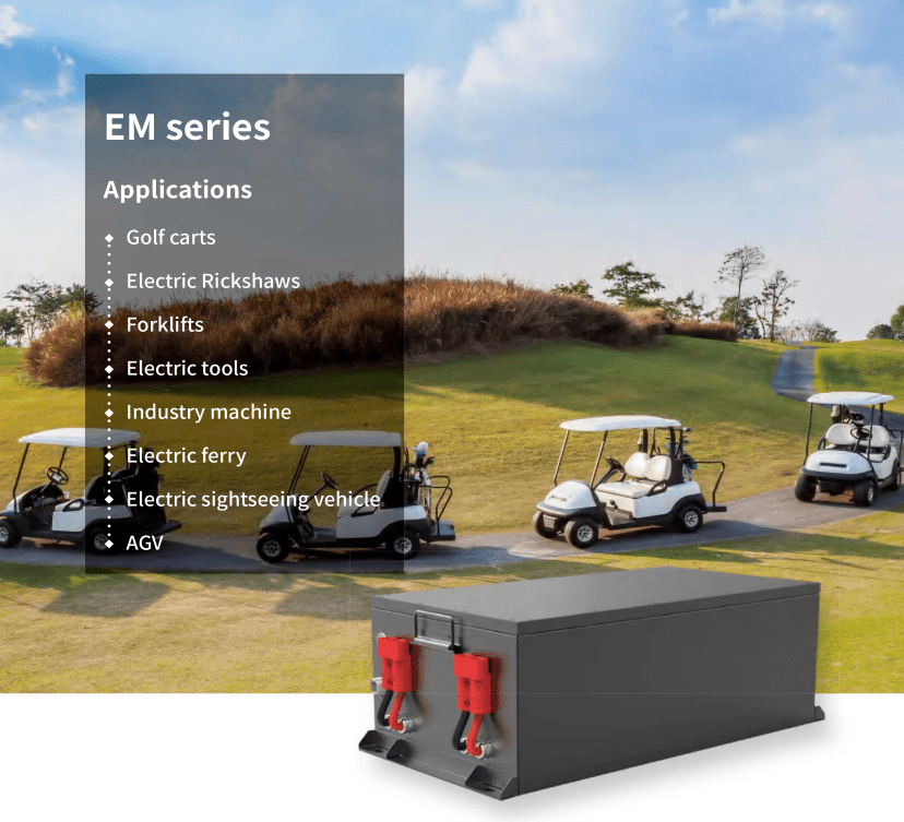 An advertisement for the em series batteries showing their applications in various electric vehicles with an image of golf carts in the background.