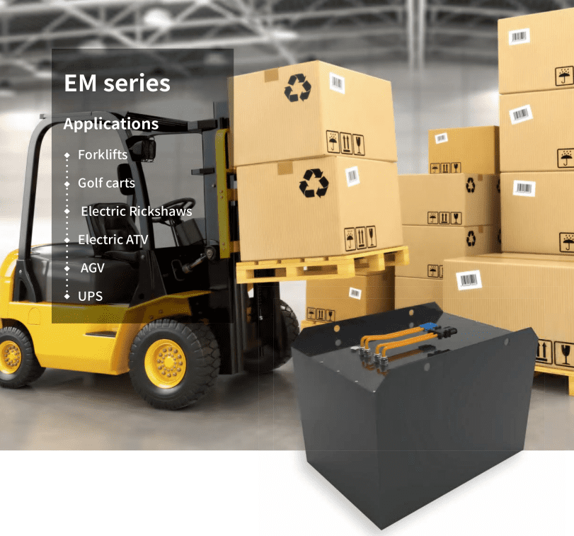 A forklift in a warehouse with stacked cardboard boxes and a battery pack labeled "em series" with a list of applications on the side.
