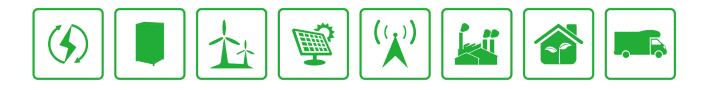 A series of green icons depicting various environmental and sustainable energy concepts, including recycling, green energy, and eco-friendly housing.