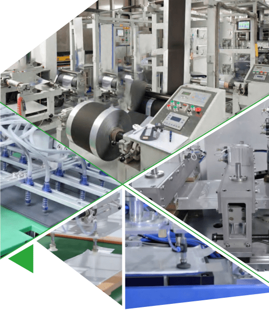 A collage of various industrial automation processes within a manufacturing facility.