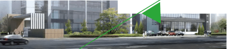 Architectural rendering of a modern building with a green arrow superimposed indicating growth or increase.