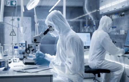 Researchers in protective suits working in a laboratory.