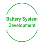 A circular green emblem with the text "battery system development" inside.