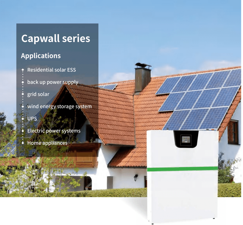 Promotional image highlighting capwall series solar solutions for residential use, listing applications such as backup power and energy storage.