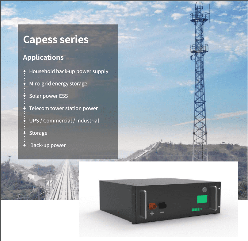A promotional image featuring the capess series of power supply solutions with a telecommunications tower in the background and a product example in the foreground.