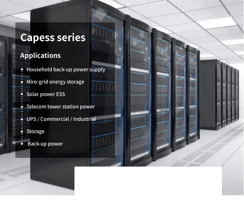 A server room with racks of data storage equipment and a text overlay listing various applications of the capess series, including energy storage and backup power solutions.