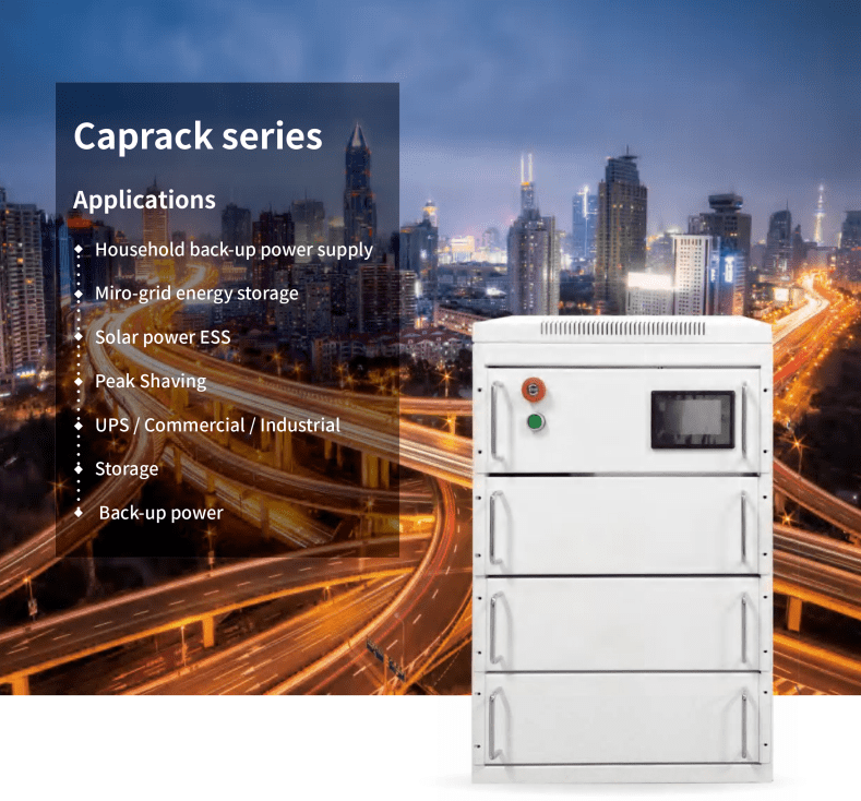 Industrial battery unit with applications listed, set against a cityscape background.