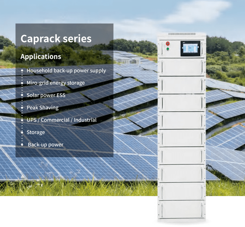 Solar energy storage system for caprack series with application details, displayed alongside solar panels in an outdoor setting.