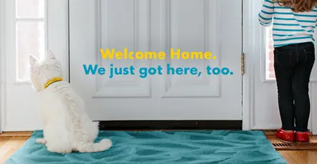 A cat and a person standing by a closed door with the phrase "welcome home. we just got here, too." written on it.