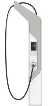 Electric vehicle charging station with plugged-in cable.