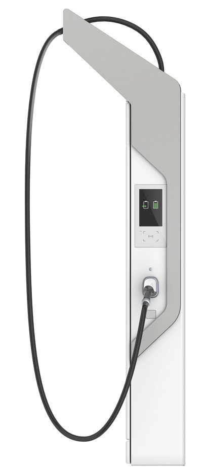 Electric vehicle charging station unit with connected cable.