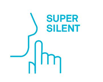 A graphic of a side profile of a face with a finger placed to the lips, accompanied by the text "super silent.