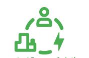 Green icon depicting a person with a prosthetic leg and a battery symbol, representing assistive technology with energy storage.