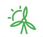 Green wind turbine icon with sunrays.