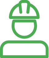 Green icon of a person wearing a hard hat.