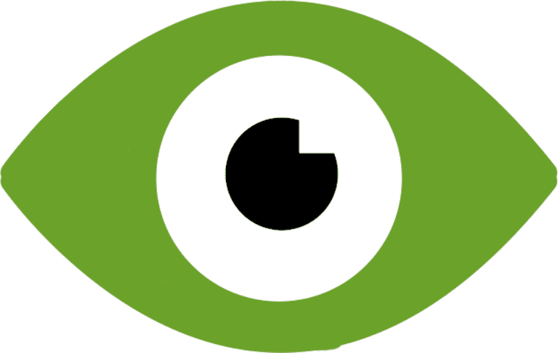 Stylized graphic of a green eye with a black pupil.